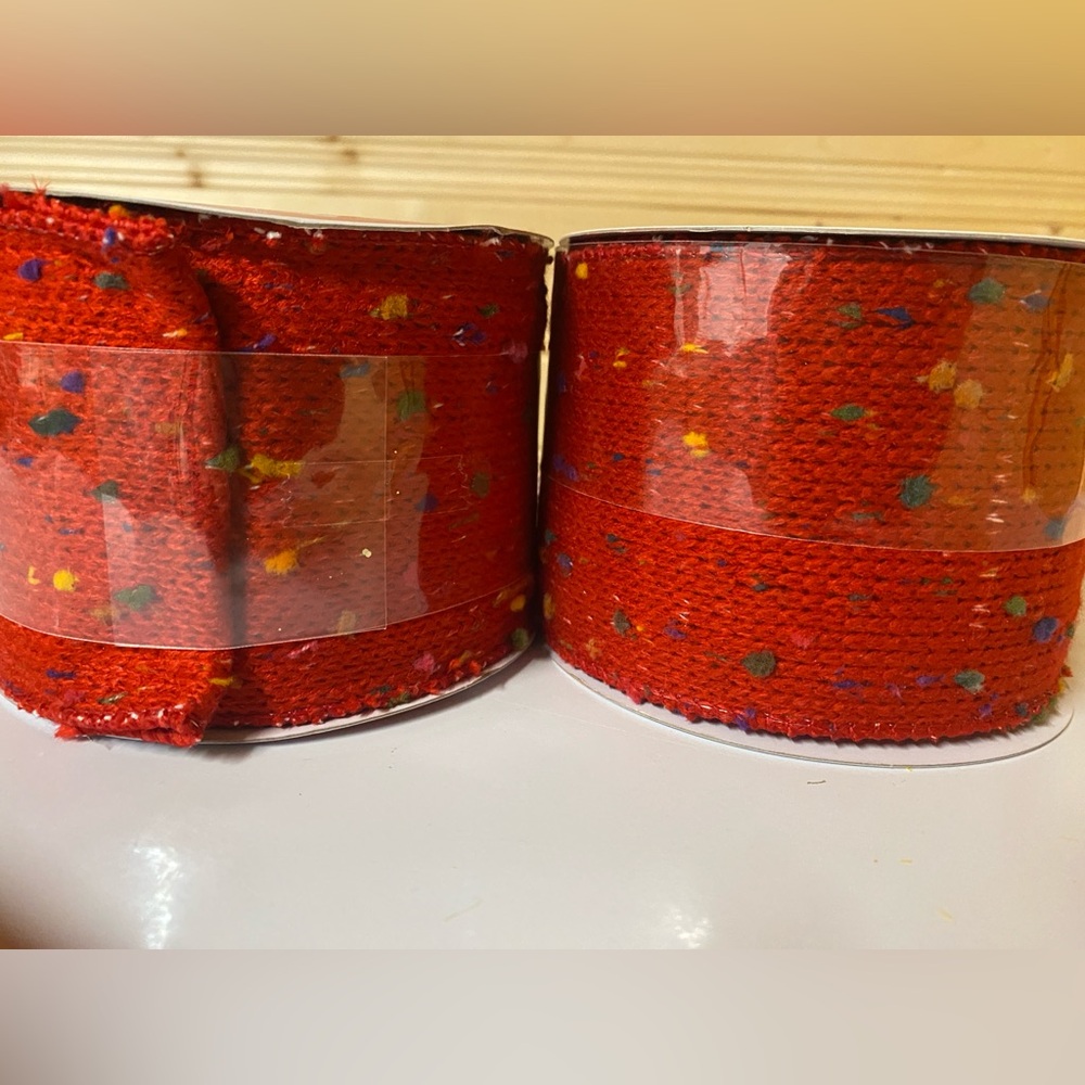 Red Textured Ribbon with Multicolor Accents set of 2